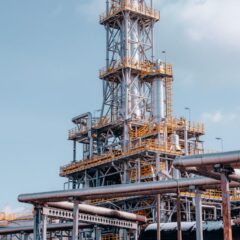 View of a large oil refinery plant with intricate pipelines in Trzebinia, Poland.