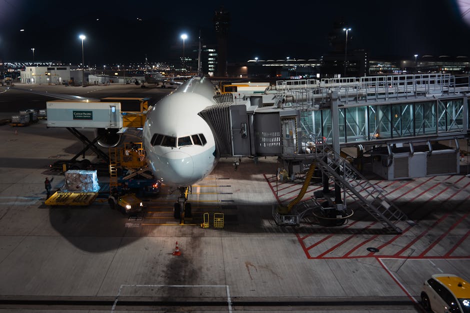 Airplane parked at airport gate during nighttime, unloading cargo and passengers.