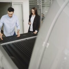 Salesman and client inspecting a pickup truck in a car dealership, discussing features.