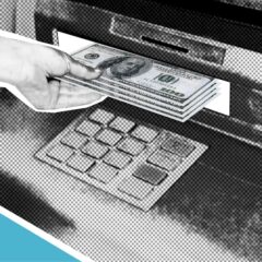 Decorative cardboard illustration of hand of person withdrawing pile of dollar banknotes from automated teller machine