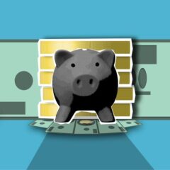Cutout paper composition of piggy bank with banknotes and pile of coins on blue background