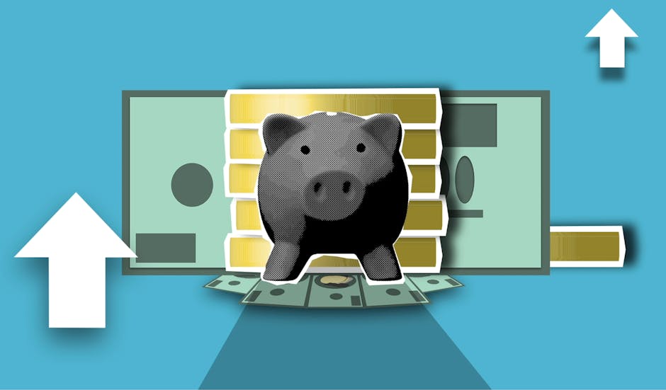 Cutout paper composition of piggy bank with banknotes and pile of coins on blue background