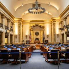 A grand government chamber with elegant columns and seating. Perfect for politics or architecture themes.