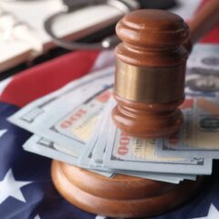 Close-up of a judge's gavel resting on US dollar bills and an American flag, symbolizing justice and finance.