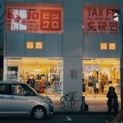 A busy night street scene outside a Uniqlo store with pedestrians and a parked car, creating an urban atmosphere.