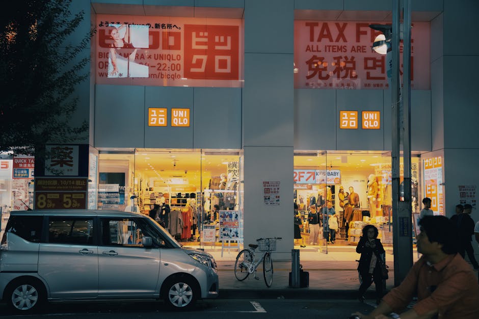 A busy night street scene outside a Uniqlo store with pedestrians and a parked car, creating an urban atmosphere.
