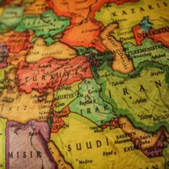 Close-up of a colorful map depicting countries of the Middle East.