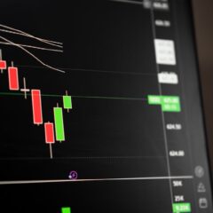 Candlestick chart showing a downward trend in the stock market analysis.