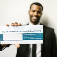 African American man holding envelope emphasizing credit card debt relief options.