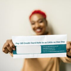 Woman presenting an envelope with a credit card debt offer, blurred background.