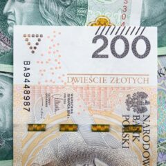 Detailed view of Polish 200 Zloty banknotes for financial and economic subjects.