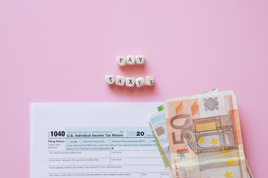 Top view of tax form, euro banknotes, and 'Pay Taxes' letter blocks on pink background.