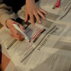An adult woman highlights job ads in a newspaper, focusing on employment opportunities.