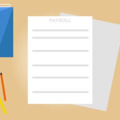 Vector illustration of payroll documents placed on beige desk near pencils and blue black calendar