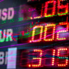 Vibrant stock market display showing exchange rates for USD, EUR, and GBP. Perfect for finance themes.