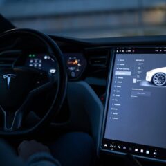 Tesla car interior showcasing advanced touchscreen display and steering controls.