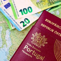 Portugal and Austria passports displayed with Euro currency notes on European map background.