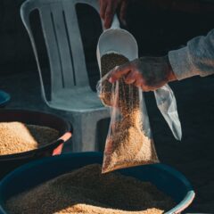 Close-up of a farmer filling a plastic bag with grain. The process takes place outdoors, emphasizing agricultural trade.
