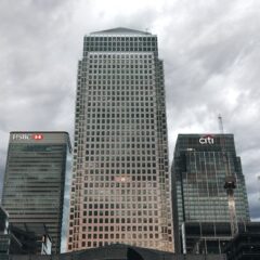 View of HSBC and Citi buildings in London's Canary Wharf business district.
