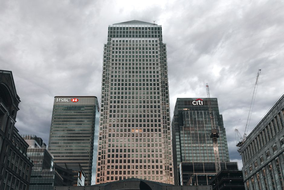 View of HSBC and Citi buildings in London's Canary Wharf business district.