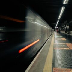 Blurred motion of a subway train arriving at Carandiru station in São Paulo, Brazil.