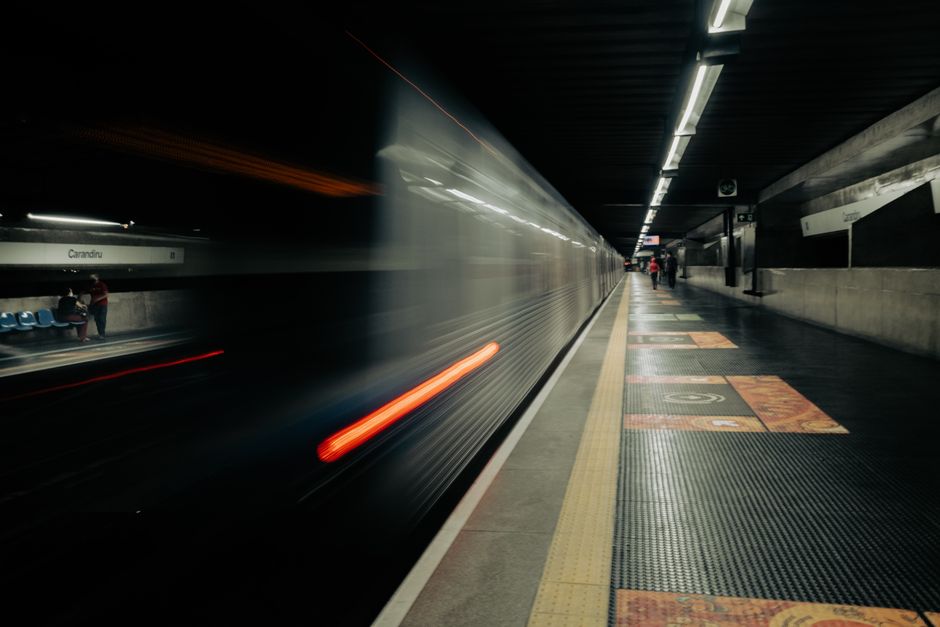 Blurred motion of a subway train arriving at Carandiru station in São Paulo, Brazil.