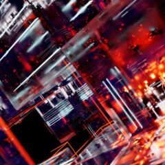 Abstract futuristic cyber landscape with digital matrix and glowing lights.