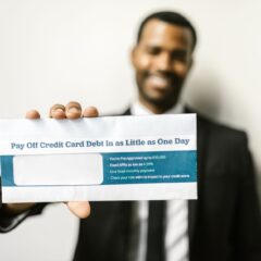 African American man holding envelope emphasizing credit card debt relief options.